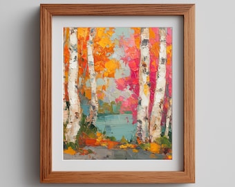 Autumn Aspen Trees Impressionist Painting: Colorful Lake Cabin Decor (Printable Download)