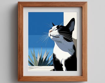 Tuxedo Cat Art Print: Minimalist Black and White Decor (Digital Download)