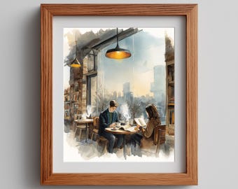 Cozy Cafe Watercolor Art Print: Urban Couple (Digital Download)