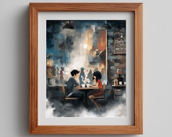 Anime Coffee Shop Art Print: Moody Urban Scene (Digital Download)
