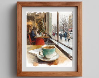 Cozy Cafe Watercolor Print: Moody Teal Coffee Cup (Digital Download)