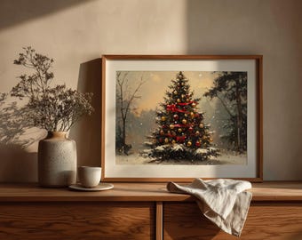 Christmas Tree in Snowy Clearing: Vintage Holiday Art (Digital Download)