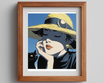 Retro Woman with Cat Art Print: 80s Glamour (Digital Download)