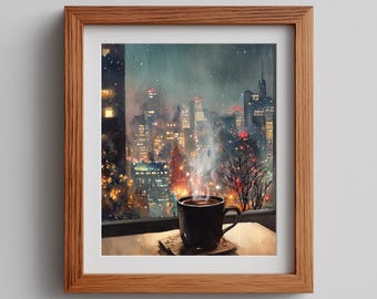 Cozy Night Tea Watercolor Print: City Skyline Festive Art (Digital Download)