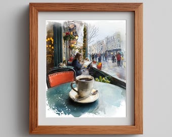 Cozy Coffee Shop Watercolor Painting: Rainy Day Cafe Scene (Digital Download)