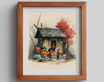 Asian Trick or Treat Watercolor Art Print: Rustic Halloween Decor (Digital Download)