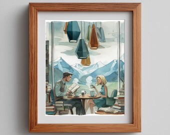 Urban Cafe Watercolor Print: Romantic Couple at Coffee Table (Digital Download)