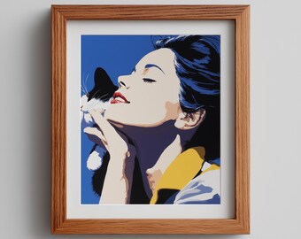 Black Cat Nuzzling Woman Pop Art Print: Retro 80s Style (Digital Download)
