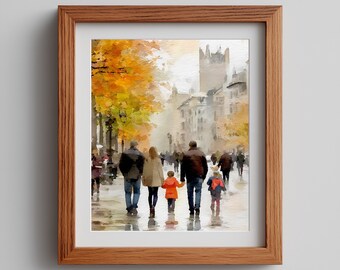 Autumn Family Stroll Watercolor Art Print - Urban Fall Scene (Digital Download)