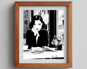 Minimalist Cafe Woman Illustration - Black and White Art (Digital Download)