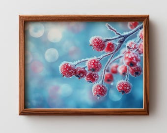 Wintry Red Berries with Frost - Festive Close-Up Macro Photography, Minimal Bokeh Art, Cozy Winter Decor, Printable Wall Art Download 417