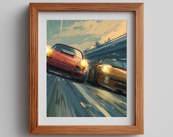 Moody Sports Car Racing Art Print: Urban Speed Scene (Digital Download)
