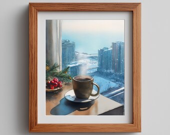 Winter Cityscape Watercolor Print: Tea Scene Festive Wall Decor (Digital Download)