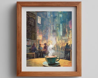 Coffee Cup Urban Night Scene Art Print - Moody Cityscape (Digital Download)