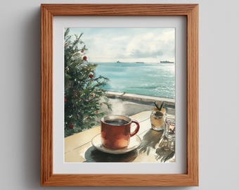 Coastal Christmas Coffee Watercolor Art Print (Digital Download)