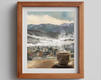 Winter Tea Watercolor Print: Asian Mountain Village (Digital Download)