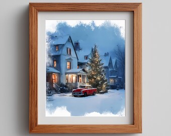 Red Pickup Truck Christmas Tree Watercolor Art Print (Digital Download)
