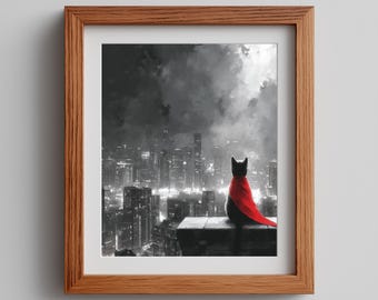 Red Cat Cityscape Watercolor Art Print: Minimalist Skyline (Digital Download)