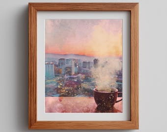 Cozy Tea Watercolor Print: Asian-Inspired Cityscape Art (Digital Download)
