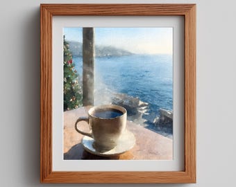 Watercolor Coffee & Coastal View Art Print (Digital Download)
