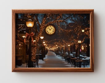 Vintage Winter Street Clock in Snowy Downtown - Festive Nighttime Scene, Moody Urban Winter, Cozy Holiday Decor, Printable Art 408