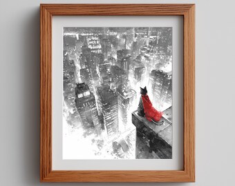 Monochrome Cityscape Art Print: Cat in Red Coat (Digital Download)