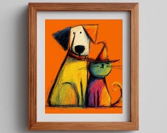Halloween Cat and Dog Art Print: Playful Matisse Style (Digital Download)