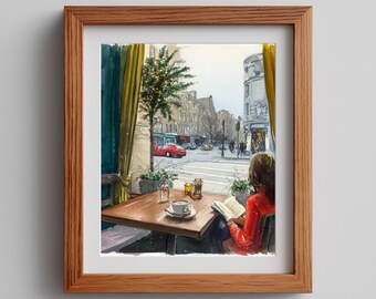 Urban Bistro Watercolor Print: Cozy Cafe Scene (Digital Print)