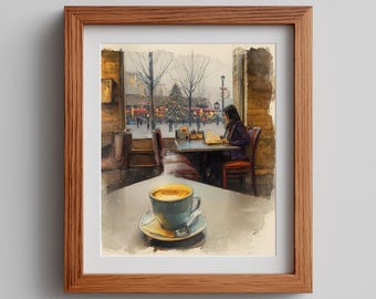 Cozy Cafe Watercolor Art Print: Moody Bistro Scene (Digital Download)