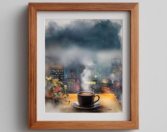 Moody Tea Cup Watercolor Print: Asian-Inspired Winter Art (Digital Download)