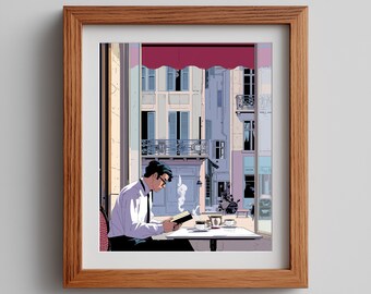 Paris Cafe Reading: 80s Retro Art Print (Digital Download)