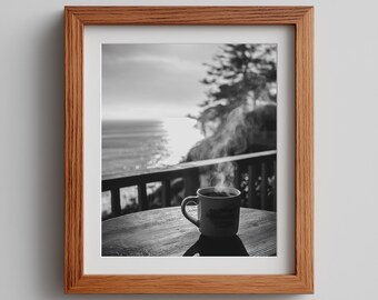 Winter Coffee Photography Print: Moody Black and White Art (Digital Download)