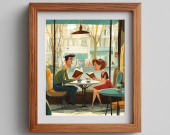 Mid-Century Cafe Scene Print: Retro Bistro Illustration (Digital Download)