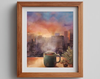 Watercolor Skyline Art Print: Cozy Holiday Mug (Digital Download)