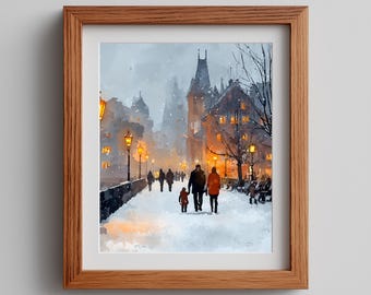 Winter Cityscape Watercolor Print: Impressionist Snowy Scene (Digital Download)