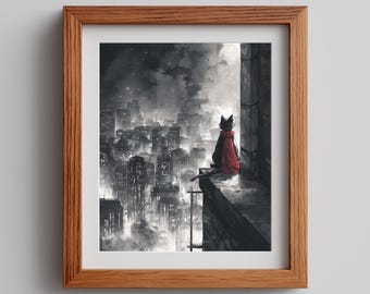 Noir Cat Rooftop Art: Red Cape, Cityscape Ink Wash (Digital Download)