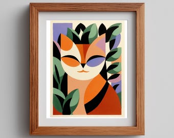 Orange Cat Art Print: Mid-Century Modern, Matisse Style (Digital Download)