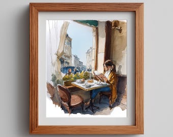 Vintage Cafe Watercolor Painting: Moody Bistro Art Print (Digital Download)