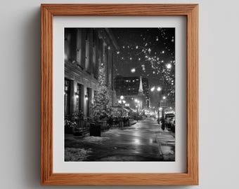Christmas Night Street Print: Vintage Snowy Downtown Scene (Digital Download)