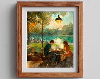 Vintage Cafe Watercolor Print: Romantic Coffee Scene (Digital Download)