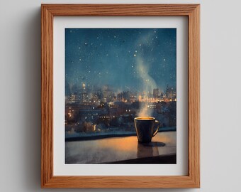 Cozy Coffee Watercolor Print: Holiday Lights, Winter Townscape (Digital Download)