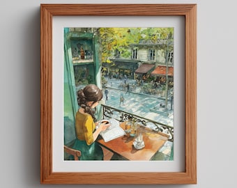 Cozy Cafe Watercolor Art Print: Moody Autumn Window View (Digital Download)