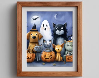 Halloween Ghosts and Pets Watercolor Art Print: Spooky Cartoon (Digital Download)