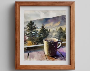 Winter Coffee Scene Print: Rustic Mountain Cottage Art (Digital Download)