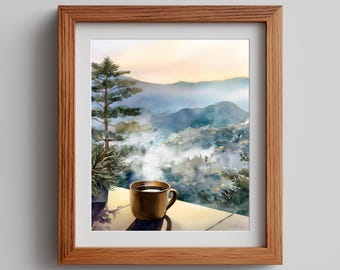 Watercolor Mountain Print: Cozy Sunrise Tea Scene (Digital Download)