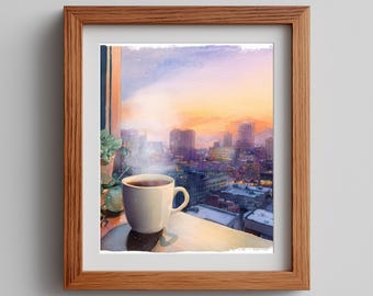 Winter Mug Watercolor Print: Snowy Cityscape Sunrise (Digital Download)