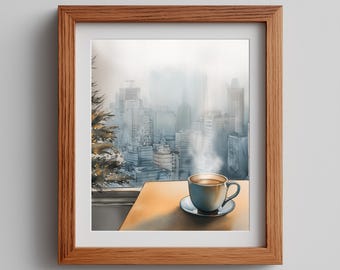 Cozy Mug Watercolor Painting: Winter Cityscape Art (Digital Download)