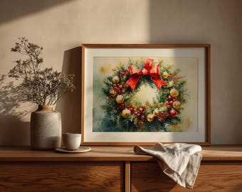 Vintage Christmas Wreath Watercolor Art Print: Holiday Cottagecore (Digital Download)