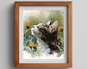 Watercolor Cat Art Print: Tabby with Yellow Wildflowers (Digital Download)