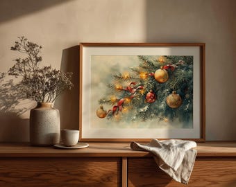 Watercolor Christmas Evergreen Print: Rustic Gold Ornaments (Digital Download)